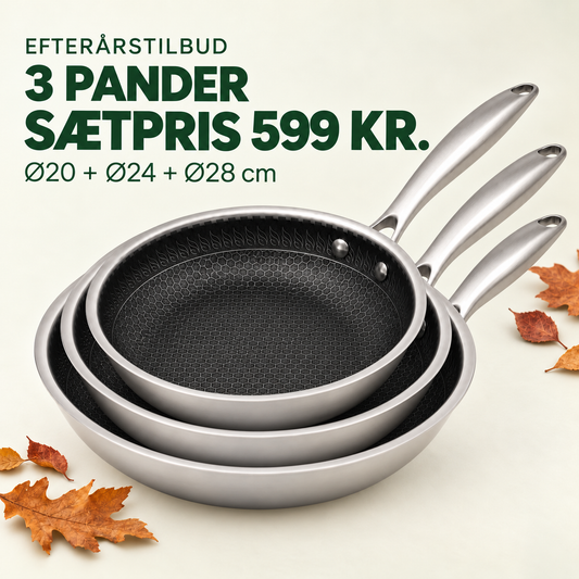 Efterårstilbud – 3 pander Ø20, Ø24 og Ø28 cm – sætpris 599 kr.