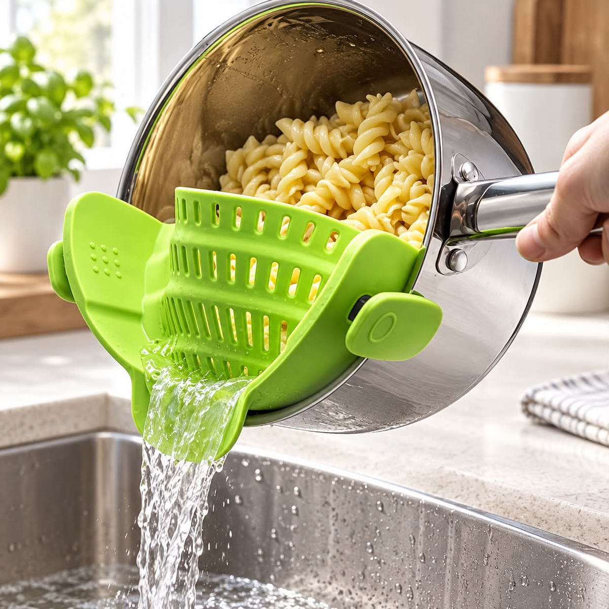 Grøn clip-on silikonesi på gryde med pasta