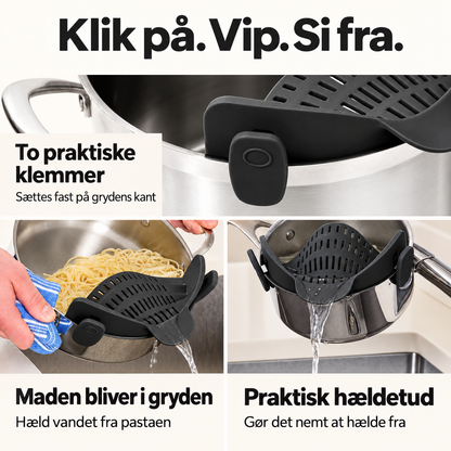 Sådan bruges silikonesien: klik på, vip og si vandet fra