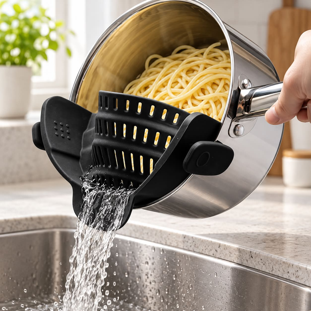 Sort silikonesi med klemmer hælder vand fra spaghetti