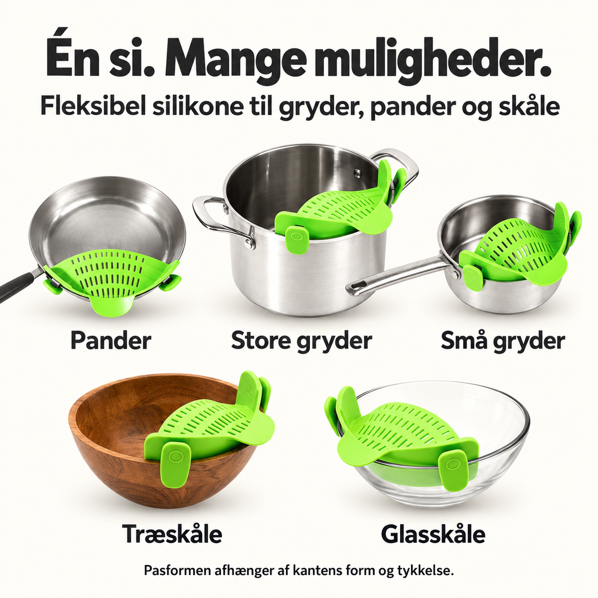 Grøn silikonesi på pander, store og små gryder samt træ- og glasskåle